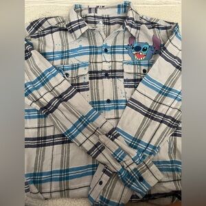 Disney Stitch Blue and Grey Plaid button down long sleeve Shirt